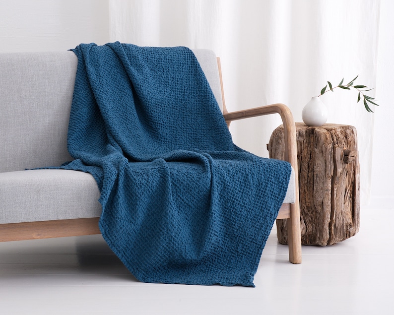 Linen blankets and throws, Stone washed soft inen blend bedspread coverlet, Linen sofa cover slipcover Blue