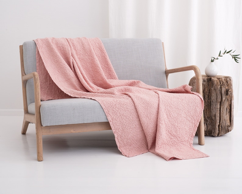 Linen blankets and throws, Stone washed soft inen blend bedspread coverlet, Linen sofa cover slipcover Dusty Rose