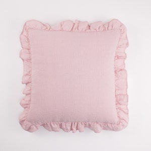 Linen Pillow Sham with Ruffles, Natural Linen Bedding, Bedroom Ruffled Linen Cushion Cover, Linen Throw Pillow for Cozy Home Decor Dusty Rose