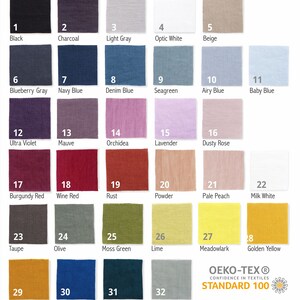 Fabric swatches in 32 different colors labeled with names and numbers on a white background, certified by OEKO-TEX® STANDARD 100.