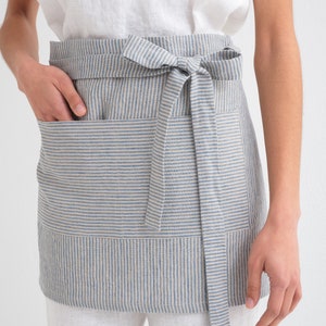 Short striped linen apron, natural linen half apron, soft gardening apron with pocket, for barbers or bakers, womens cooking craft image 3