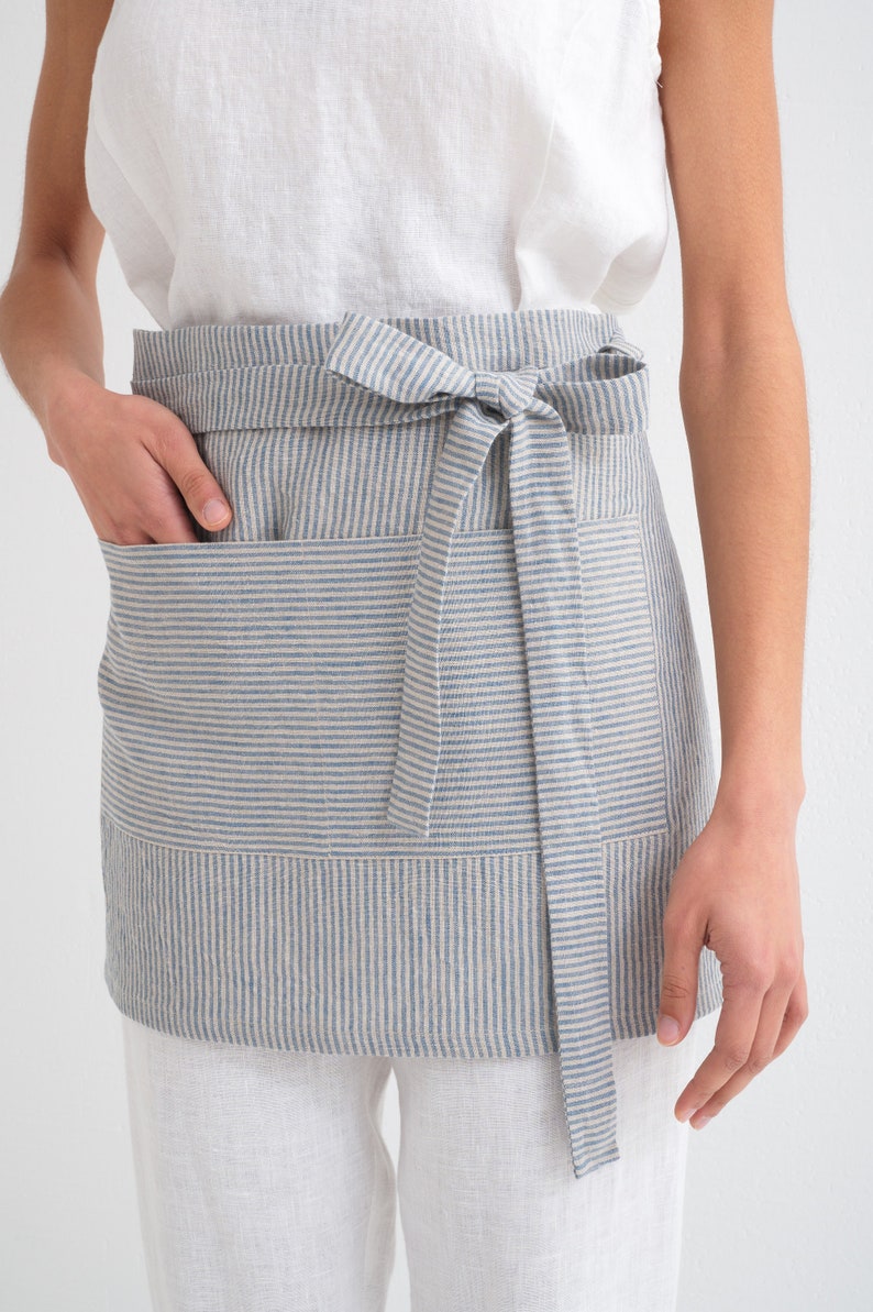 Short striped linen apron, natural linen half apron, soft gardening apron with pocket, for barbers or bakers, womens cooking craft image 3