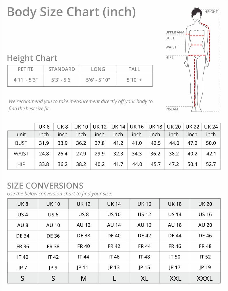 May include: A size chart for women's clothing in inches. The chart shows the measurements for bust, waist, and hip for different UK sizes, from size 6 to size 24. The chart also includes a conversion chart for US, AU, DE, FR, IT, and JP sizes.