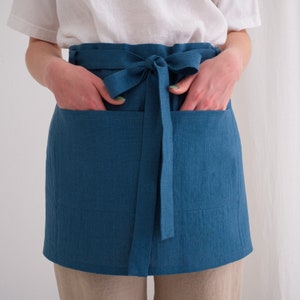 Linen Short Apron, Linen Cafe Apron, Linen Half Apron, Linen Pinafore Apron 8. Denim Blue