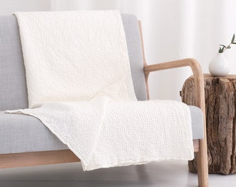 Blankets and throws, Linen sofa cover blanket, Soft boho waffle weave blanket, White cotton linen blend farmhouse bedspread coverlet