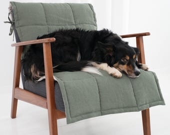 Green linen armchair cover, quilted chair protector pad with ties for pets and kids, washable