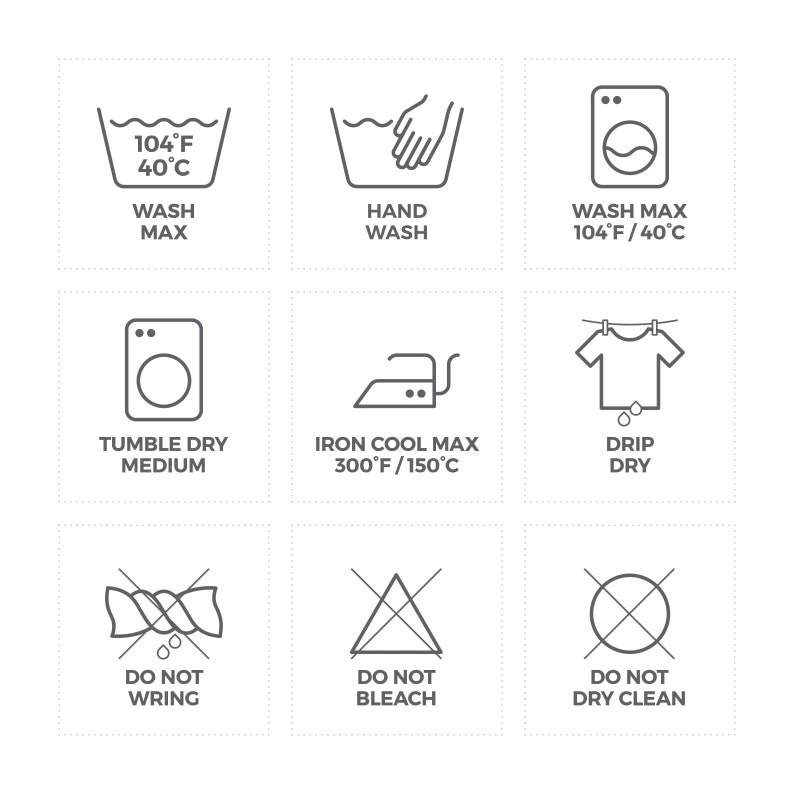 Curtain care icons showing washing, ironing, and maintenance instructions for linen curtains, helping customers properly care for their kitchen, bathroom, or living room window treatments