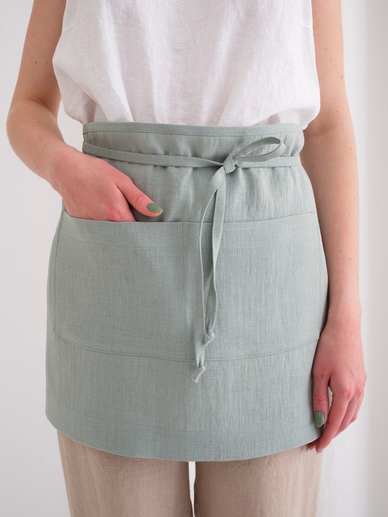 Natural linen half apron, gardening apron with pocket, soft, stone washed hair stylist apron, womens cooking craft half apron. 32. Mint