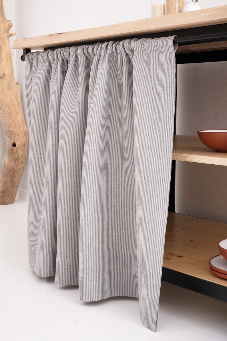 Striped stone washed linen curtains serving as farmhouse kitchen curtains or cafe curtains for a bathroom, showcasing a custom size for window valances.