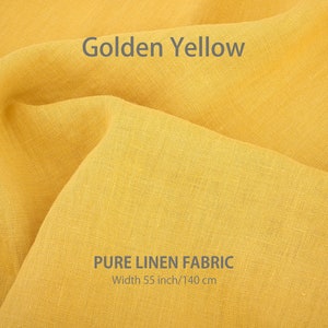 "Rich Golden Yellow pure linen fabric by the yard, highlighting the superior quality of European flax textiles, offered in natural shades for purchase at a specialized washed linen fabric retailer."