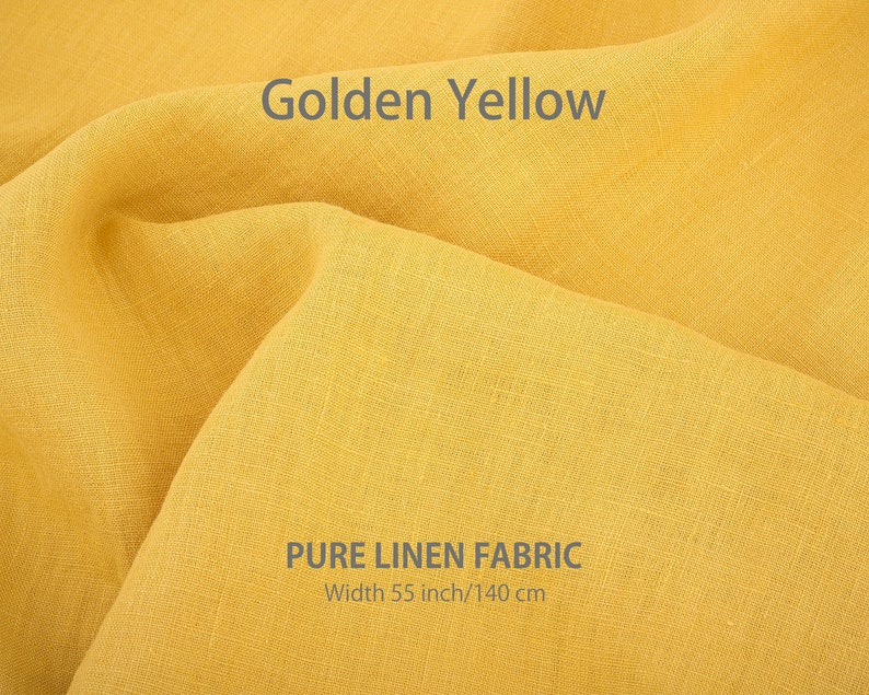 "Rich Golden Yellow pure linen fabric by the yard, highlighting the superior quality of European flax textiles, offered in natural shades for purchase at a specialized washed linen fabric retailer."