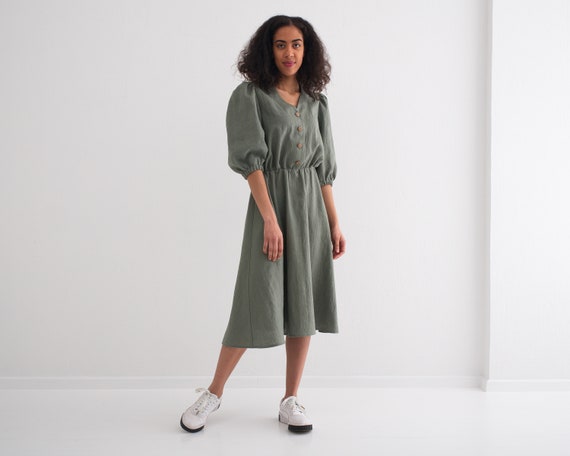 Robe en lin robes en lin avec manches bouffantes et boutons sur le devant et ceinture Etsy France