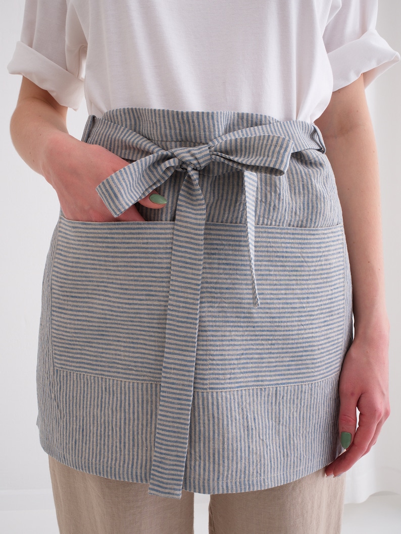 Short striped linen apron, natural linen half apron, soft gardening apron with pocket, for barbers or bakers, womens cooking craft image 5