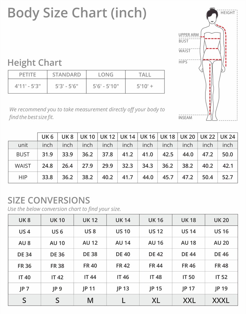 Puede incluir: Una tabla de tallas para ropa de mujer en pulgadas. La tabla muestra las medidas de busto, cintura y cadera para diferentes tallas del Reino Unido, de la talla 6 a la talla 24. La tabla tambi&eacute;n incluye una tabla de conversi&oacute;n para las tallas de EE. UU., AU, DE, FR, IT y JP.