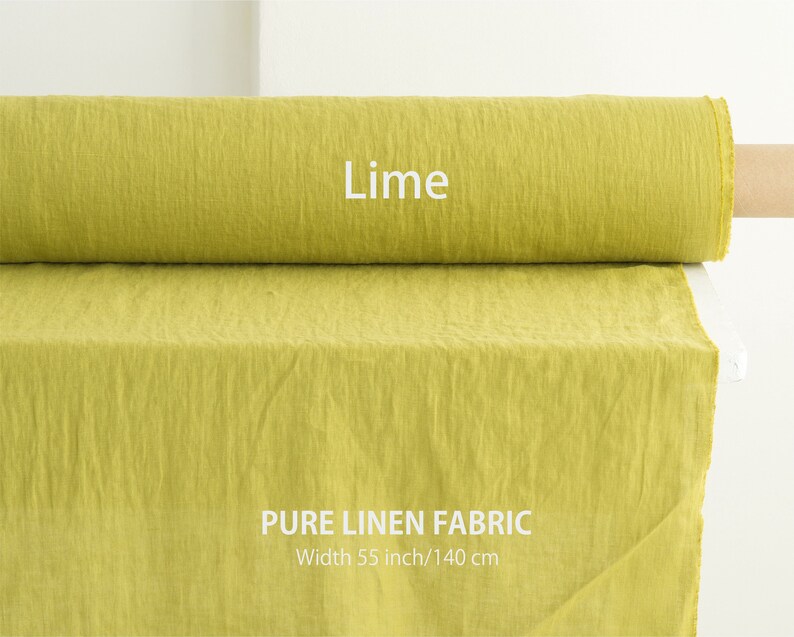 Flax fabric, Premium linen fabric by the yard or meter. High-quality Yellow linen fabric for sewing clothes, curtains, table linen. 26. Lime