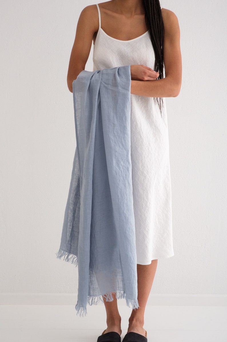 Natural Linen Scarf, Pure Linen, Trending Item, Fringed Scarf Airy Blue