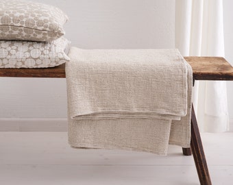 Natural linen throw blanket, Soft undyed linen coton blend bedspread, Waffle weave linen blanket throw, Couch cover