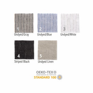 Fabric swatches in five options: 1. Undyed/Gray, 2. Undyed/Blue, 3. Undyed/White, 4. Striped Black, and 5. Undyed Linen, certified by OEKO-TEX STANDARD 100.