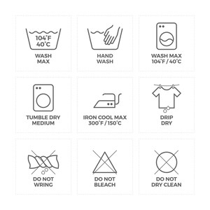 Puede incluir: Un conjunto de nueve s&iacute;mbolos de cuidado de la ropa en blanco y negro. Los s&iacute;mbolos incluyen instrucciones para lavar, secar, planchar y limpiar en seco. Los s&iacute;mbolos se muestran en un formato de cuadr&iacute;cula.