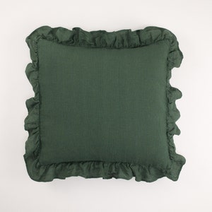 Linen Pillow Sham with Ruffles, Natural Linen Bedding, Bedroom Ruffled Linen Cushion Cover, Linen Throw Pillow for Cozy Home Decor Forest Green