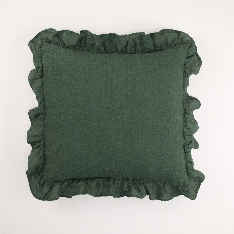 Linen Pillow Sham with Ruffles, Natural Linen Bedding, Bedroom Ruffled Linen Cushion Cover, Linen Throw Pillow for Cozy Home Decor Forest Green