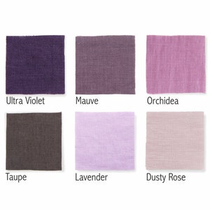 Six linen fabric swatches in purple and pink hues, with their names labeled as Ultra Violet, Mauve, Orchidea, Taupe, Lavender, and Dusty Rose, arranged on a white background.
