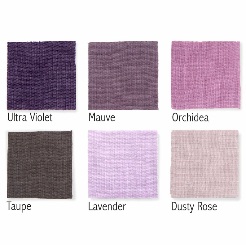 Six linen fabric swatches in purple and pink hues, with their names labeled as Ultra Violet, Mauve, Orchidea, Taupe, Lavender, and Dusty Rose, arranged on a white background.