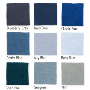 Nine linen fabric swatches in various shades of blue and green, each labeled with their color name: Blueberry Gray, Navy Blue, Classic Blue, Denim Blue, Airy Blue, Baby Blue, Dark Teal, Seagreen, and Mint.