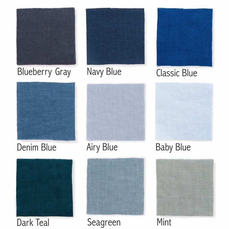 Nine linen fabric swatches in various shades of blue and green, each labeled with their color name: Blueberry Gray, Navy Blue, Classic Blue, Denim Blue, Airy Blue, Baby Blue, Dark Teal, Seagreen, and Mint.
