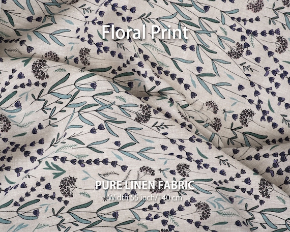 Pure linen floral print fabric by the yard, Best flax textiles, Premium European quality for sale, Wide striped, Linen fabric store