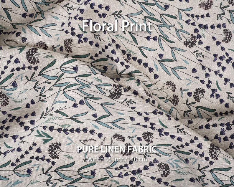 Detailed view of pure linen floral print fabric by the yard from a linen fabric store, featuring premium European quality best flax textiles with a wide-striped design, available for sale.