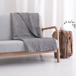 Natural inen and cotton blend throw blanket, Soft linen bespread, Waffle patern Linen sofa trow image 1