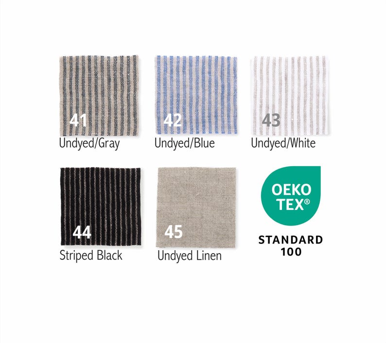 May include: A collection of fabric swatches in various colors and patterns. The swatches include striped designs in gray, blue, and white, as well as solid black and undyed linen. The text on the swatches reads "Undyed/Gray", "Undyed/Blue", "Undyed/White", "Striped Black", and "Undyed Linen".