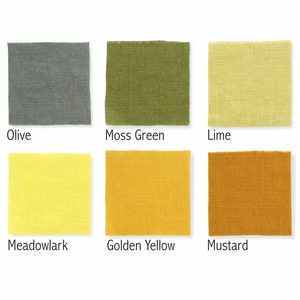 Six linen fabric swatches in earthy and vibrant tones, labeled Olive, Moss Green, Lime, Meadowlark, Golden Yellow, and Mustard, arranged against a white backdrop.