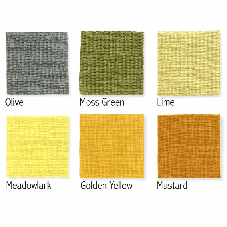 Six linen fabric swatches in earthy and vibrant tones, labeled Olive, Moss Green, Lime, Meadowlark, Golden Yellow, and Mustard, arranged against a white backdrop.