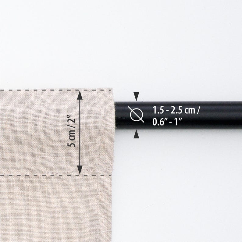 Close-up of a curtain on a rod showing the rod pocket and rod measurements, highlighting details for kitchen, bathroom, and cabinet curtains made of linen fabric