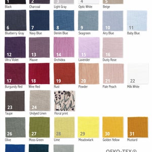 Swatches of linen fabric in various colors including black, beige, shades of blue and red, green, yellow, and a floral print, all certified by OEKO-TEX.