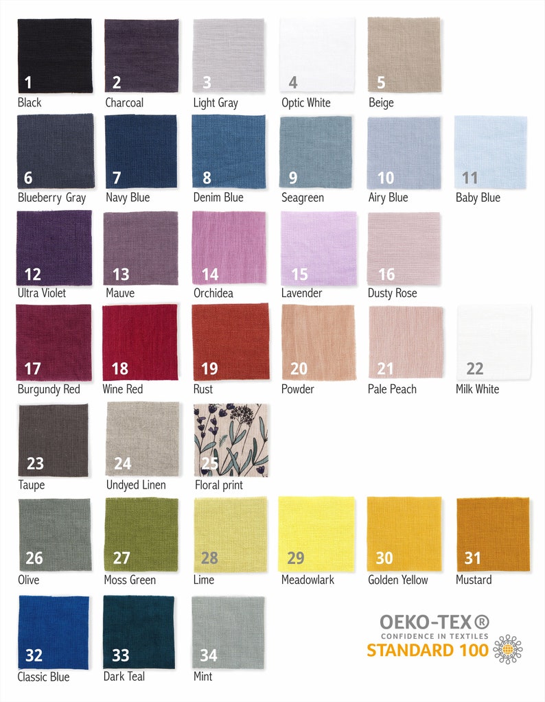 Swatches of linen fabric in various colors including black, beige, shades of blue and red, green, yellow, and a floral print, all certified by OEKO-TEX.