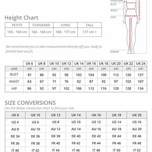 May include: A size chart for clothing in centimeters. The chart shows the measurements for bust, waist, and hip in centimeters for UK sizes 6 through 24. The chart also includes a height chart for petite, standard, long, and tall sizes.