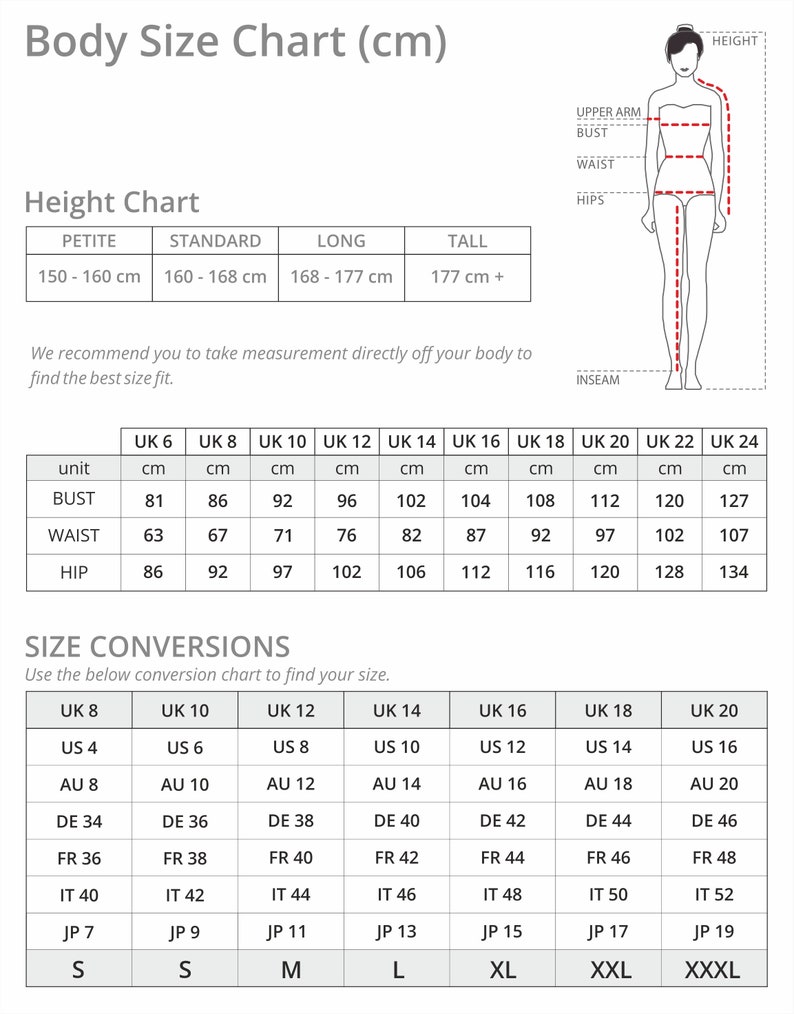 May include: A size chart for clothing in centimeters. The chart shows the measurements for bust, waist, and hip in centimeters for UK sizes 6 through 24. The chart also includes a height chart for petite, standard, long, and tall sizes.