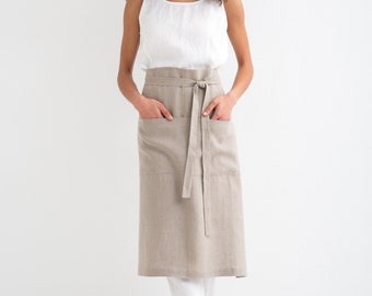 Maxi linen cafe apron, natural linen apron with pockets, long linen apron restaurant, classic apron for waiter waitress