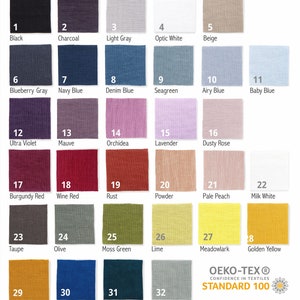 Fabric swatches in 32 different colors labeled with names and numbers on a white background, certified by OEKO-TEX® STANDARD 100.