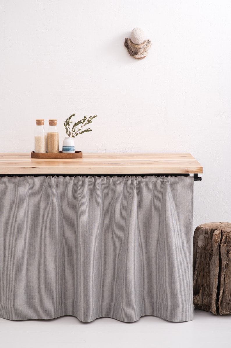 Custom-sized, eco-friendly natural linen curtain in stonewashed grey, perfect for kitchen cupboards or bathroom shelves, OEKO-TEX certified.