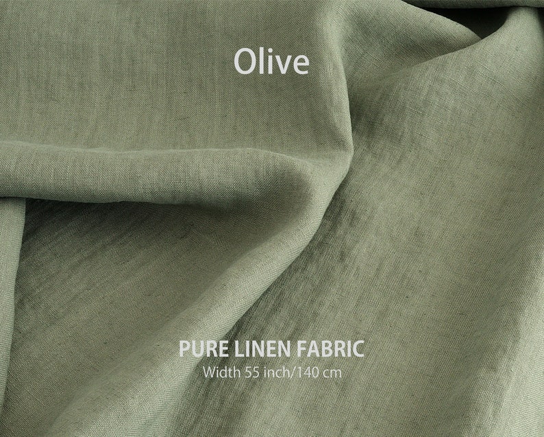 Sophisticated Olive green pure linen fabric, ideal for quality clothing, sourced from Europe's finest flax, sold by the yard at a specialized linen store.