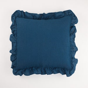 Linen Pillow Sham with Ruffles, Natural Linen Bedding, Bedroom Ruffled Linen Cushion Cover, Linen Throw Pillow for Cozy Home Decor Sea Blue