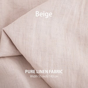 Elegant beige pure linen fabric neatly folded, showcasing its natural texture with the description "Beige" and "PURE LINEN FABRIC, Width 55 inch/140 cm".