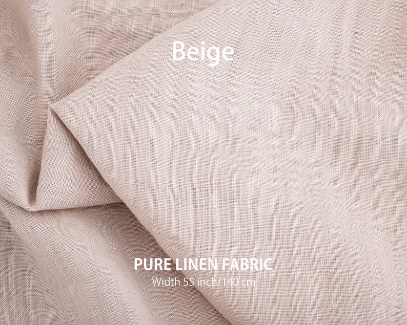 Elegant beige pure linen fabric neatly folded, showcasing its natural texture with the description "Beige" and "PURE LINEN FABRIC, Width 55 inch/140 cm".