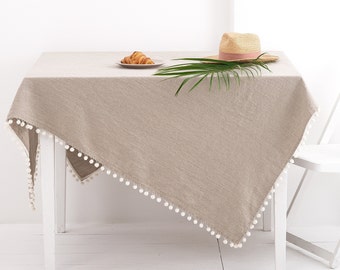 Linge de table, Nappe à pompons, Nappe en lin, Nappe de cuisine, Tissu en lin, Nappe de salle à manger