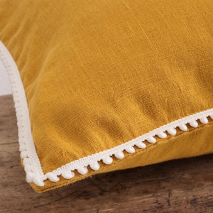 Linen Pillow Cover. Washed linen pillowcase with pom-poms. French-style custom size linen pillow for living room. image 3