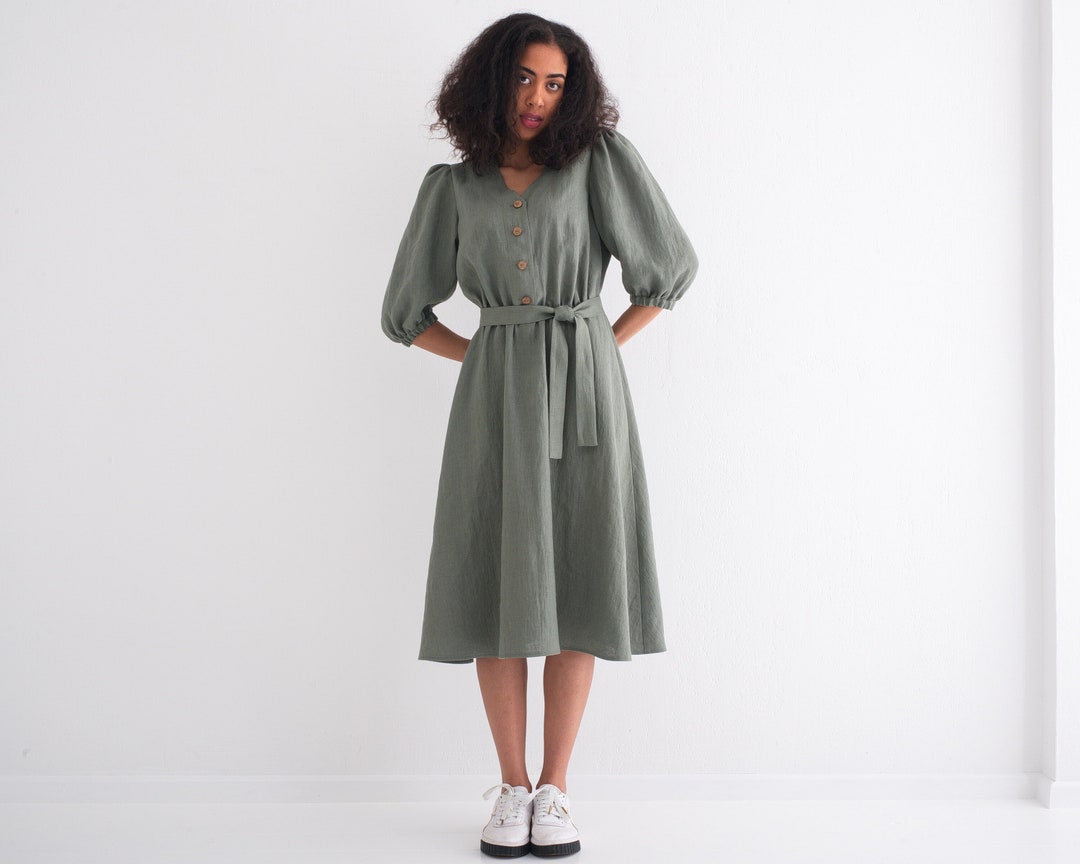 Linen Dress Linen Dresses With Puffy Sleeves and Front - Etsy